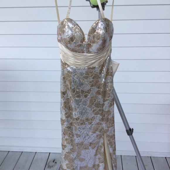 Cire’ Strapless or Halter Silver and Champagne sequine gown, size 4 - Picture 2 of 14
